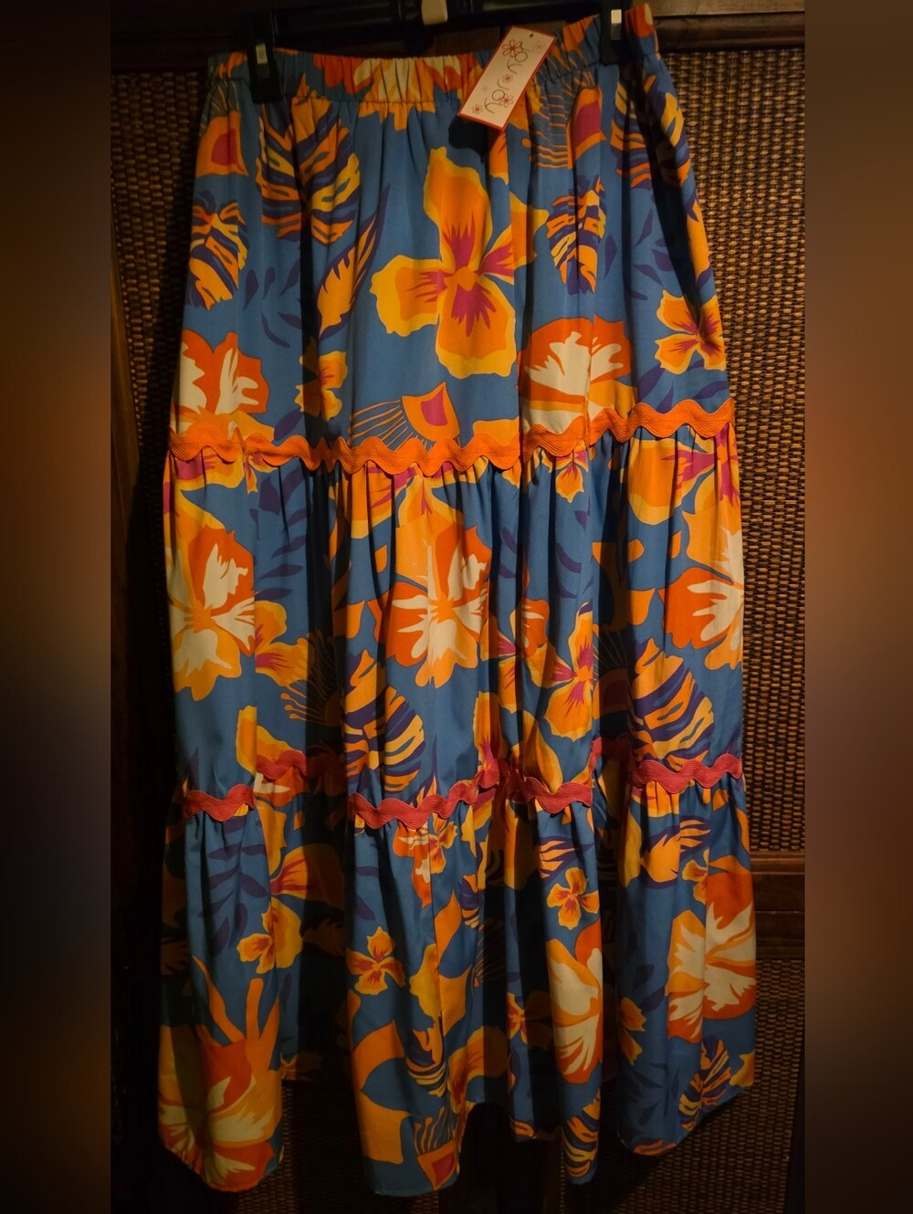 Joy Joy Floral Tiered Maxi Skirt in Blue and Orange NWT Large - Picture 2 of 2